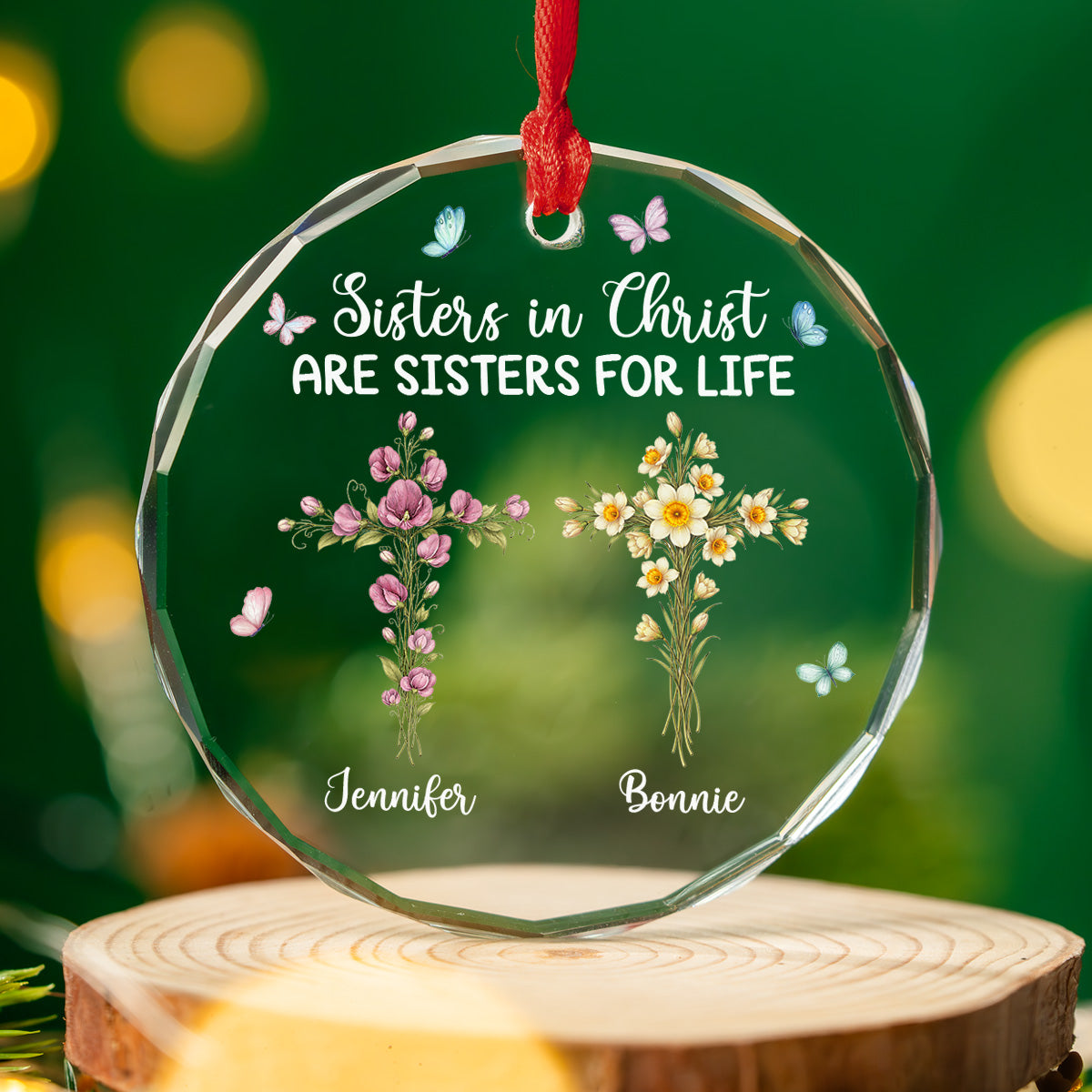 Sisters In Christ - Personalized Glass Ornament