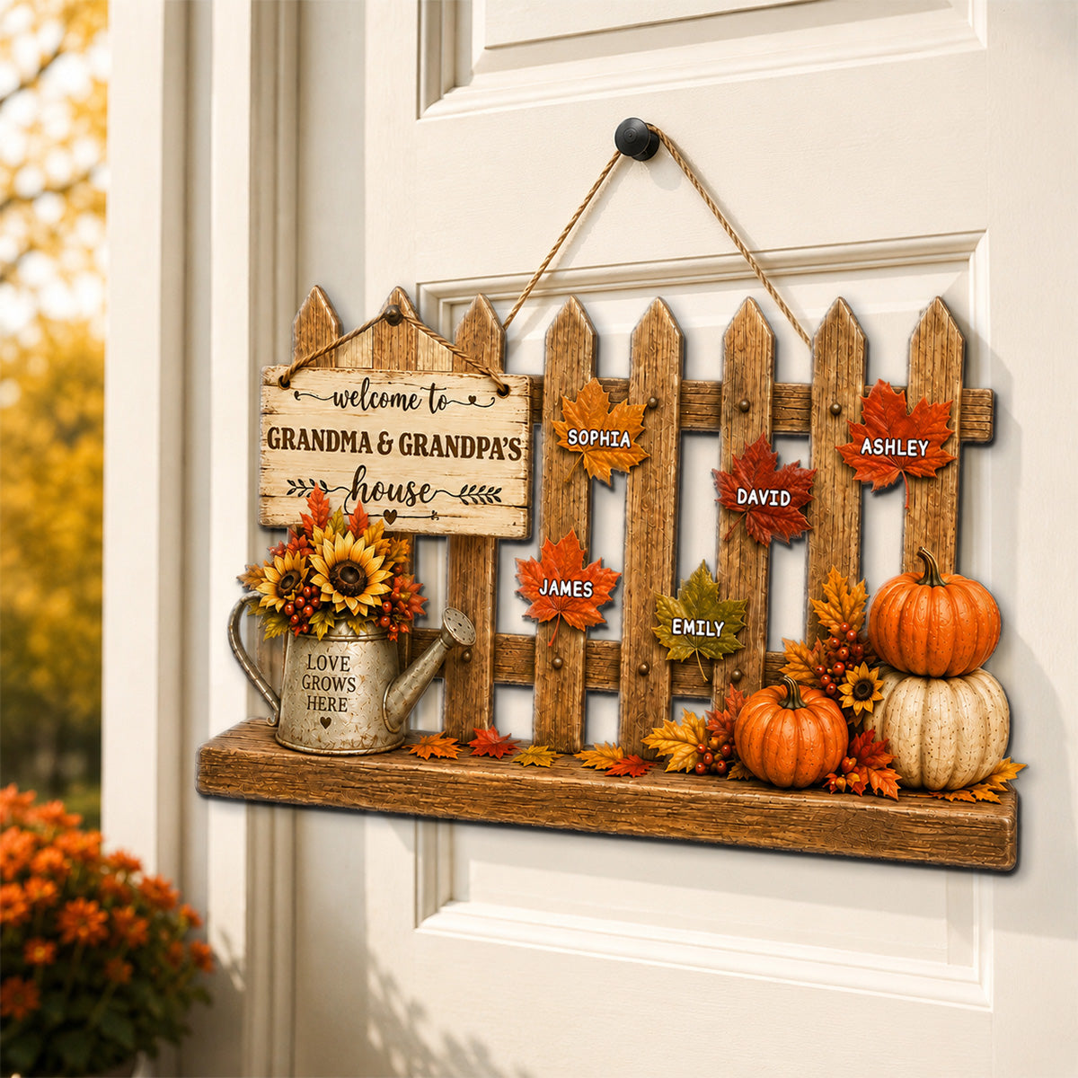 Welcome To Grandparents House Fall Season Fence - Personalized Wood Sign - Gift For Grandpa, Grandma