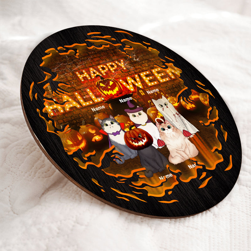 Happy Halloween cats personalized round wood sign - side view