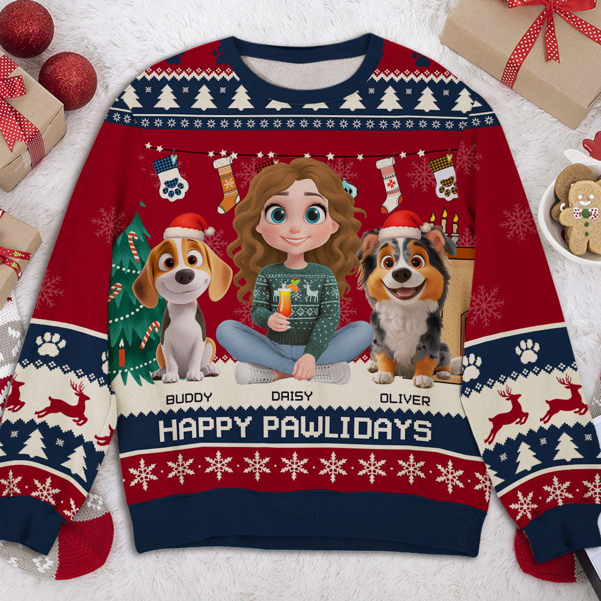 Snowy Pawlidays Cartoon - Personalized All-Over-Print Sweatshirt