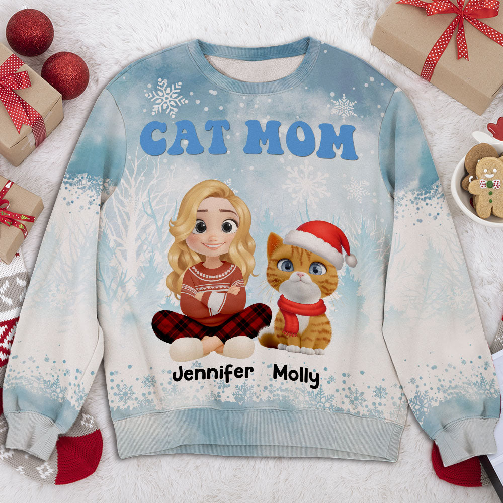 Cat Mom Christmas 2025 - Personalized All-Over-Print Sweatshirt