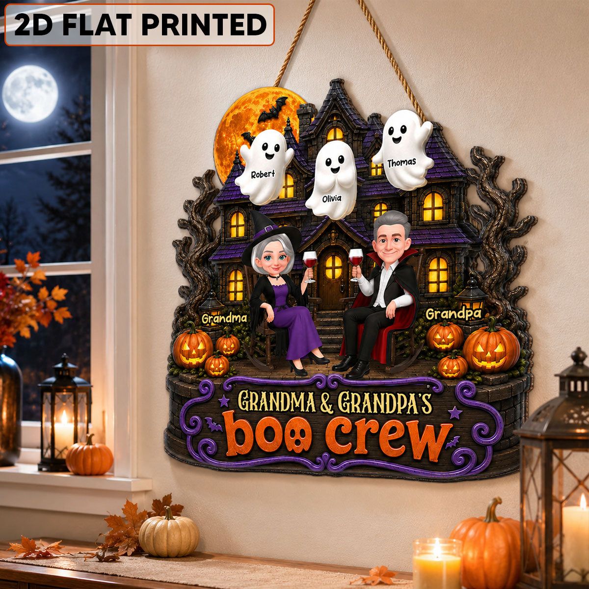 Halloween Haunted House Grandpa Grandma Boo Crew - Personalized Wood Sign