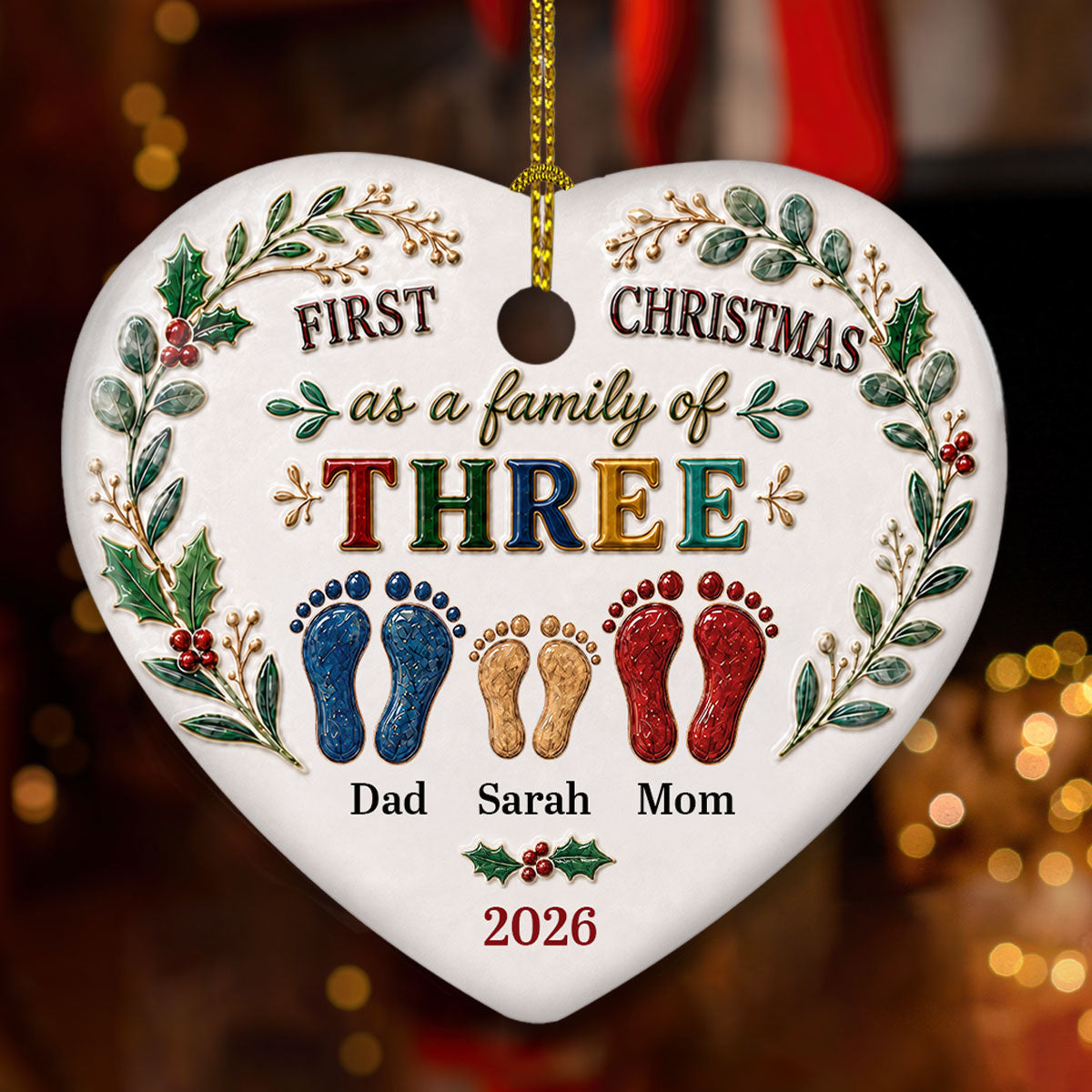 Our First Christmas 2026 personalized heart ceramic ornament
