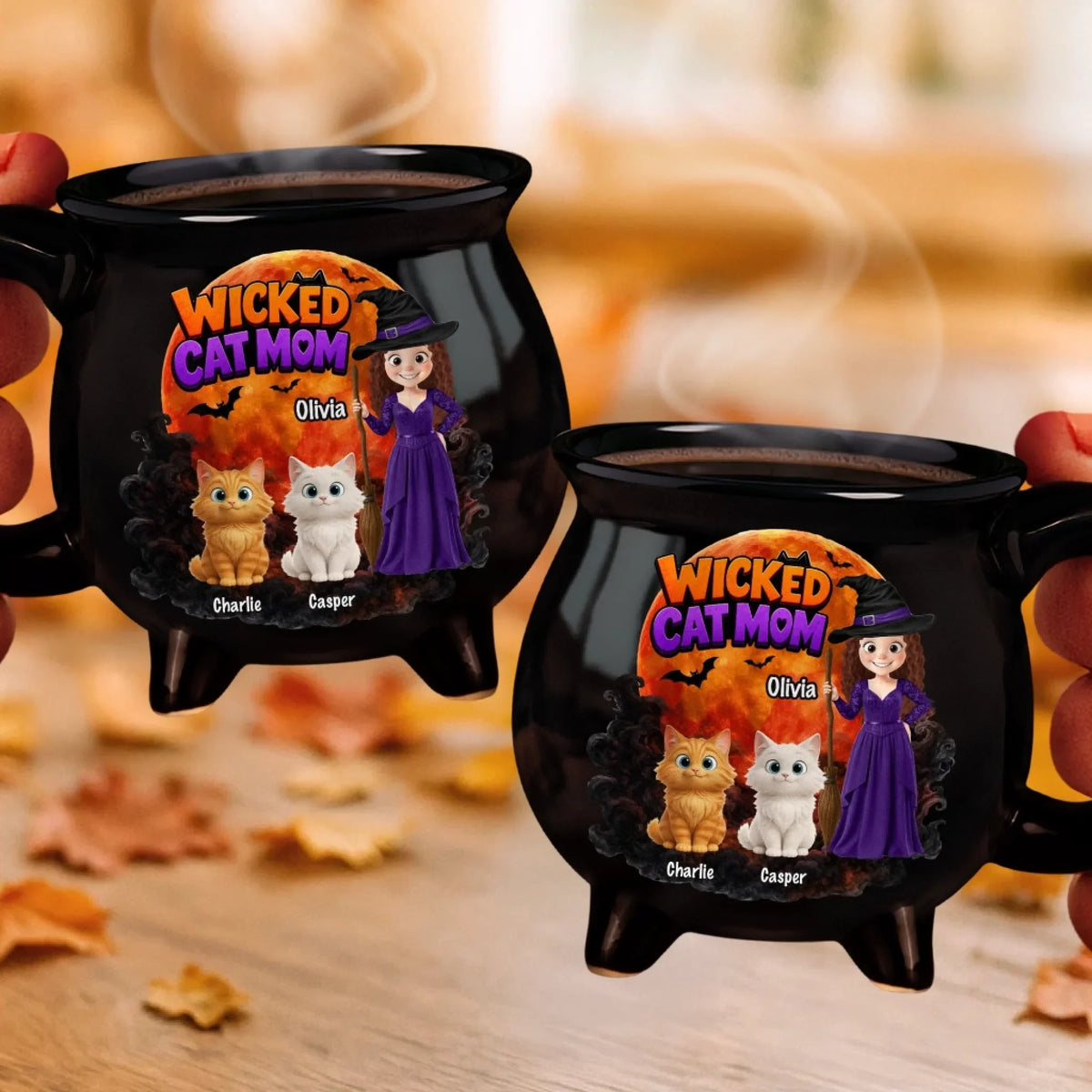Custom 12oz Ceramic Cauldron Coffee Mug - Personalized Halloween Witchy Gifts For Cat Lovers, Cat Mom And Dad - The Witching Hour With My Cats