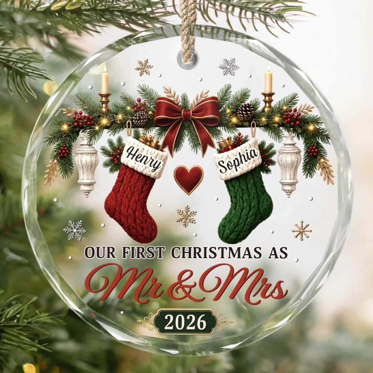 Custom First Christmas Circle Glass Ornament - Personalized Anniversary Christmas Wedding Gifts For Husband And Wife, Him And Her - Love Hanging On Tree