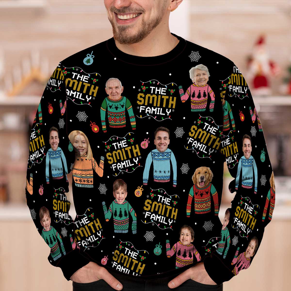 Family Photo Upload Funny Christmas Personalized Faux Knit Ugly Sweater - Christmas Gift For Family