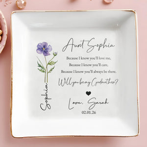 Will You Be My Godmother Aunt Poem And Birth Month Flower - Personalized Custom Jewelry Dish, Square Ceramic Dish - AUNT011_SCRD