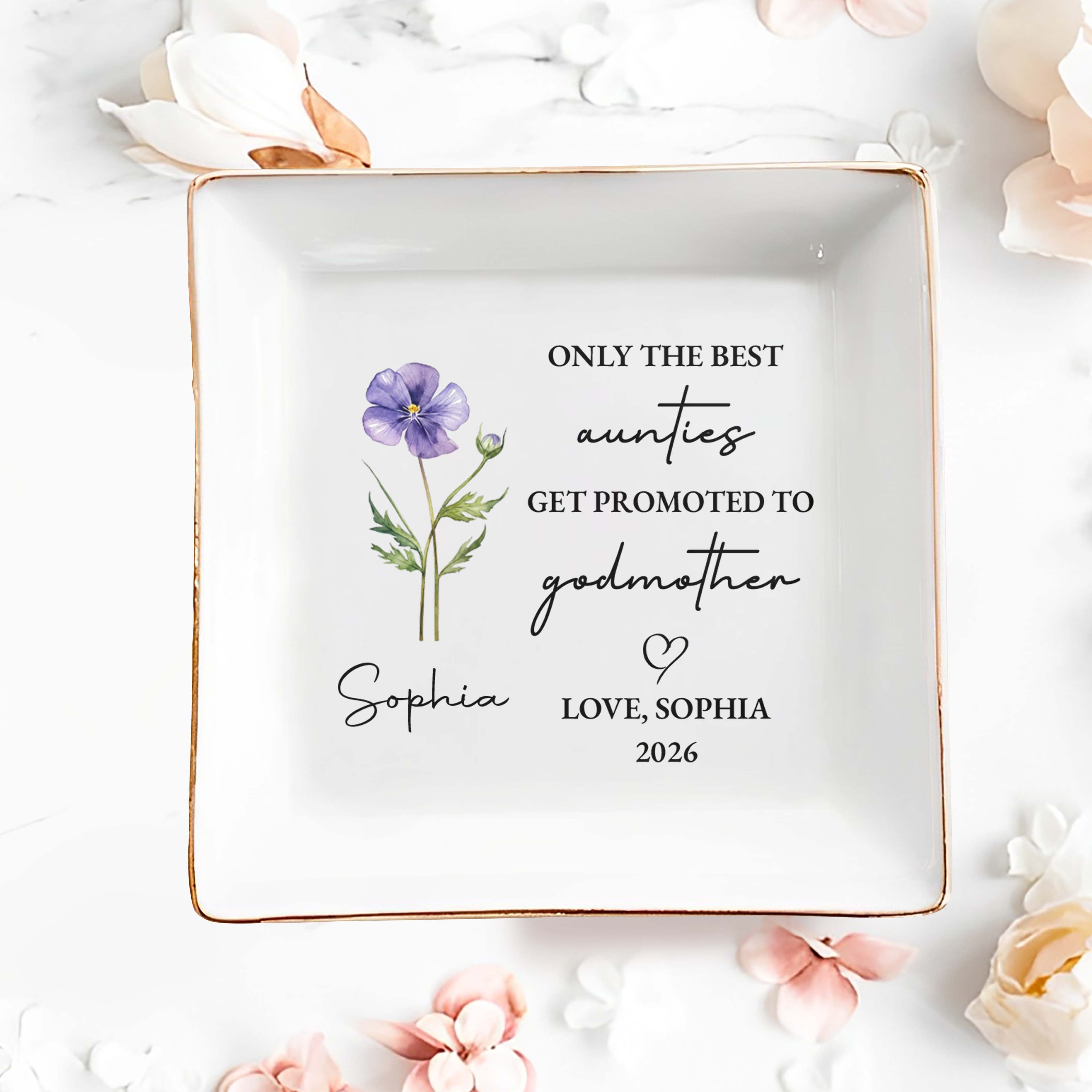 Only The Best Aunties Get Promoted To Godmother Flower Ceramic Dish - Personalized Custom Jewelry Dish, Square Ceramic Dish - AUNT014_SCRD