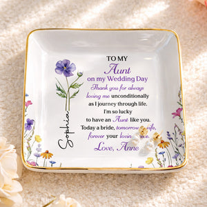 To My Aunt On My Wedding Day Custom Birth Month Flowers - Personalized Custom Jewelry Dish, Ceramic Dish, Square Shape - AUNT015_SCRF