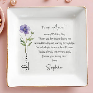 To My Aunt On My Wedding Day Custom Birth Month Flower - Personalized Custom Jewelry Dish, Square Ceramic Dish - AUNT016_SCRD