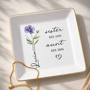 Sister Aunt Birth Month Flower Custom Name Heart - Personalized Custom Jewelry Dish, Square Ceramic Dish - AUNT023_SCRD
