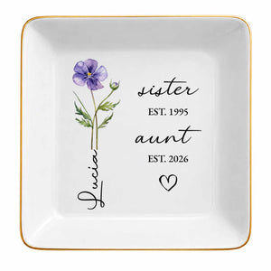Sister Aunt Birth Month Flower Custom Name Heart - Personalized Custom Jewelry Dish, Square Ceramic Dish - AUNT023_SCRD