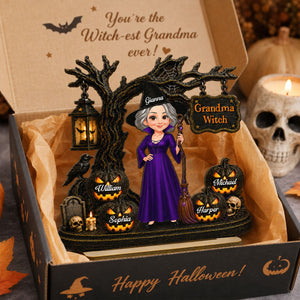 Grandma Witch With Grandkids Jack-O’-Lanterns - Personalized Wooden Plaque - Spooky Halloween Gift For Grandma