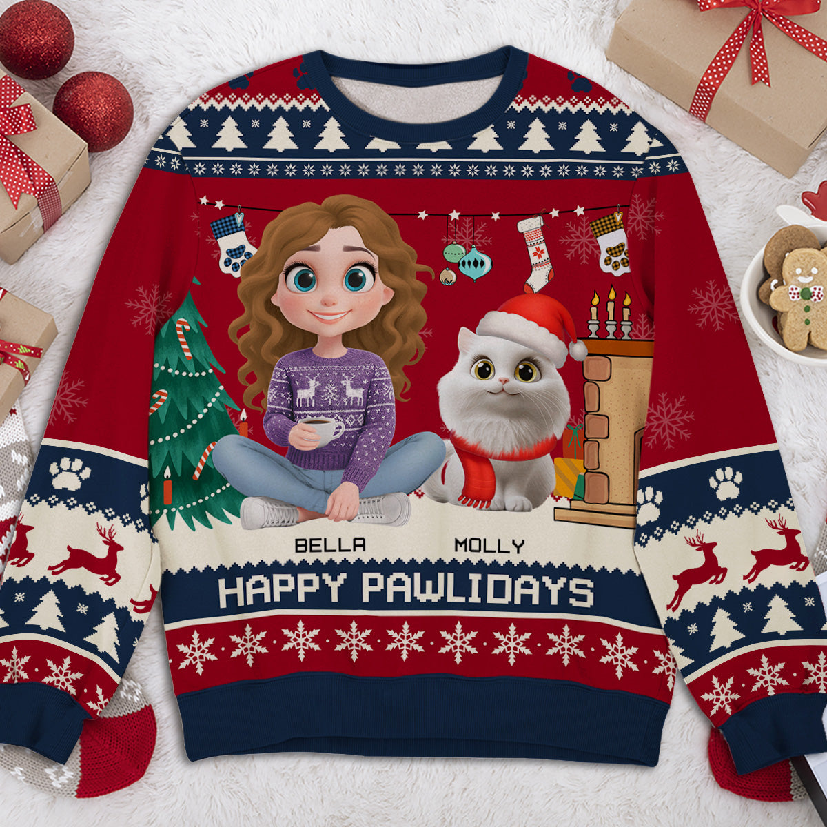Snowy Pawlidays Cat Cartoon - Personalized All-Over-Print Sweatshirt