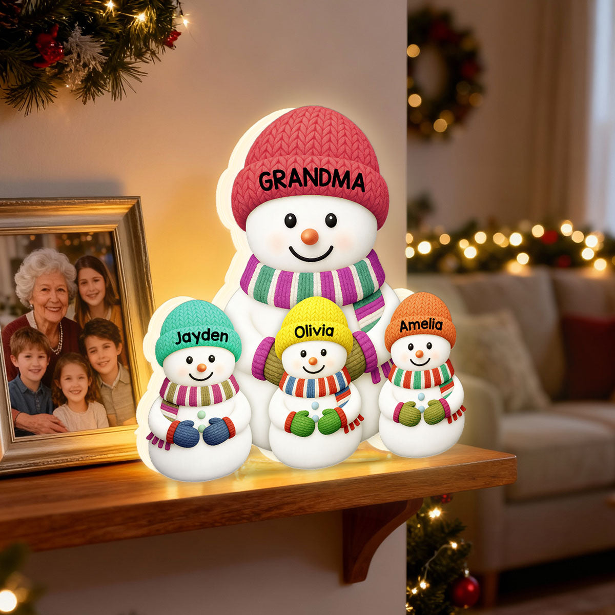 Heartwarming Christmas Grandma Grandpa Grandkids Snowman Together - Personalized Light Box - Christmas Gift For Grandma, Grandpa