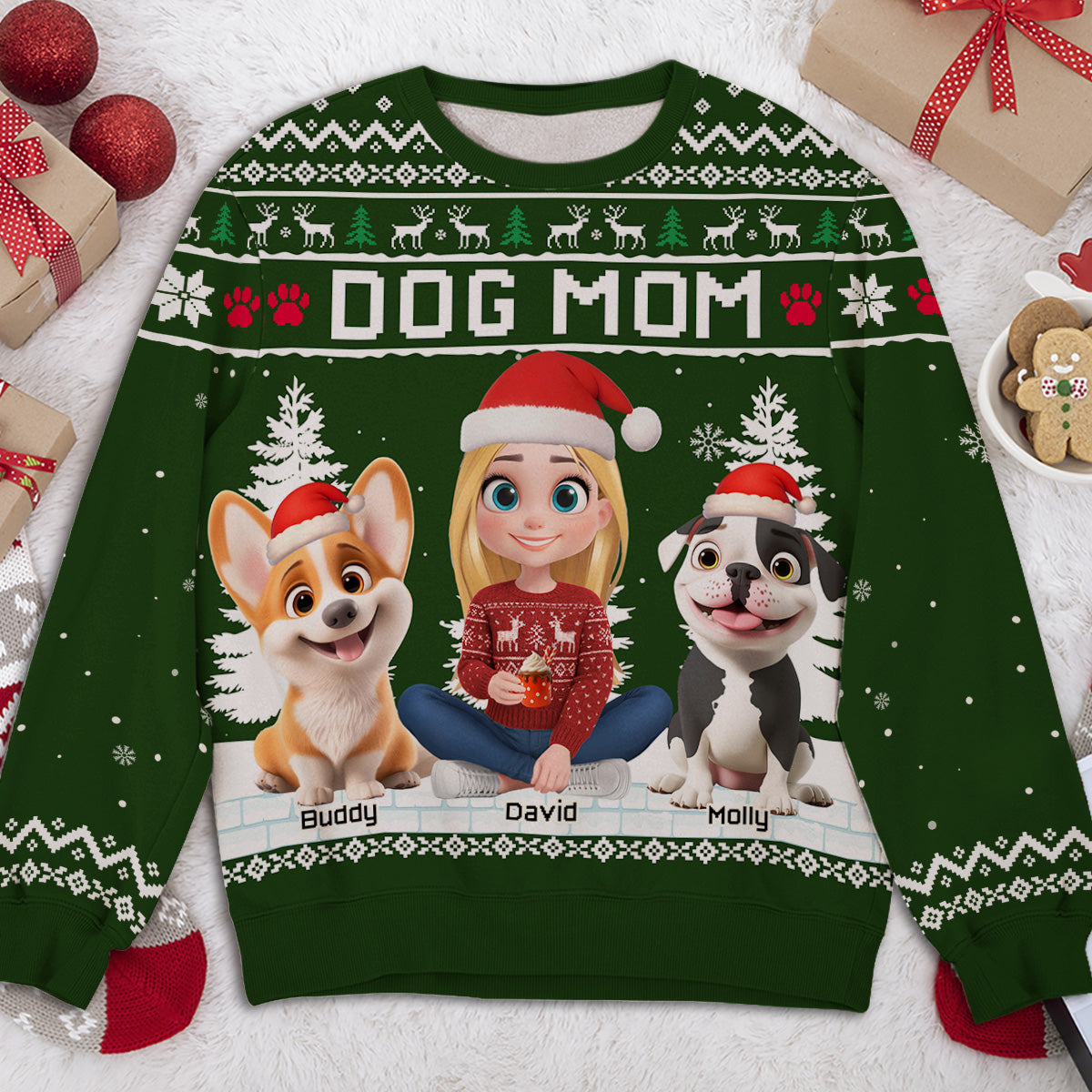 Christmas With Dog My Mom Dad Cartoon - Personalized All-Over-Print Sweatshirt