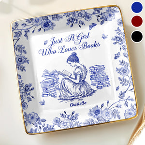 Just A Girl Who Loves Books With Girl And Flowers Design - Personalized Custom Jewelry Dish, Ceramic Dish, Square Shape - BLV005_SCRF