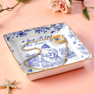 Just A Girl Who Loves Books With Girl And Flowers Design - Personalized Custom Jewelry Dish, Ceramic Dish, Square Shape - BLV005_SCRF