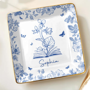 Sophia With Flowers, Butterflies, And An Open Book - Personalized Custom Jewelry Dish, Ceramic Dish, Square Shape - BLV006_SCRF