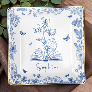 Sophia With Flowers, Butterflies, And An Open Book - Personalized Custom Jewelry Dish, Ceramic Dish, Square Shape - BLV006_SCRF