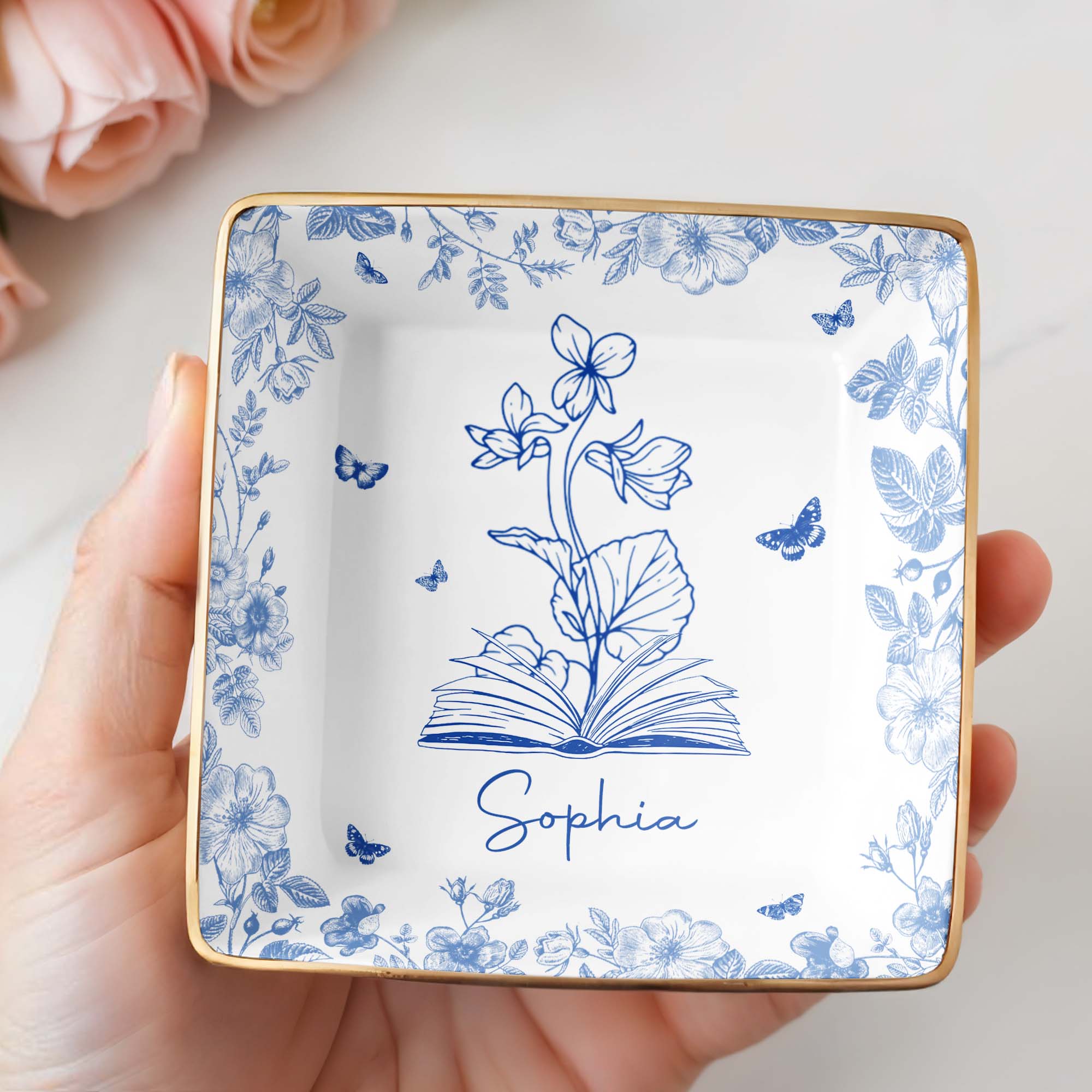 Sophia With Flowers, Butterflies, And An Open Book - Personalized Custom Jewelry Dish, Ceramic Dish, Square Shape - BLV006_SCRF