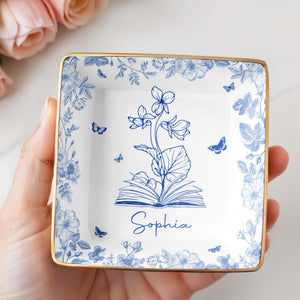 Sophia With Flowers, Butterflies, And An Open Book - Personalized Custom Jewelry Dish, Ceramic Dish, Square Shape - BLV006_SCRF