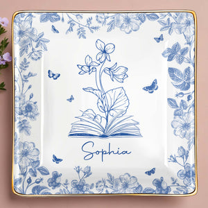 Sophia With Flowers, Butterflies, And An Open Book - Personalized Custom Jewelry Dish, Ceramic Dish, Square Shape - BLV006_SCRF