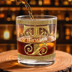 Personalized Initial And Name With 3D Golden Gothic Medieval Ornaments - Personalized Custom Whiskey Glass - BRT037_RWG