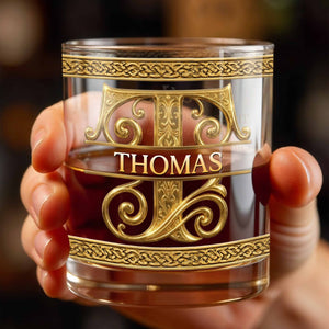 Personalized Initial And Name With 3D Golden Gothic Medieval Ornaments - Personalized Custom Whiskey Glass - BRT037_RWG