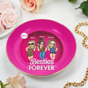 Besties Forever With Cartoon Figures And Leopard Print - Personalized Custom Jewelry Dish, Ceramic Dish, Round Shape - BST227_RCRF