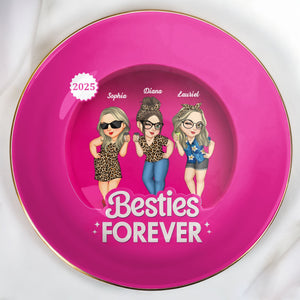 Besties Forever With Cartoon Figures And Leopard Print - Personalized Custom Jewelry Dish, Ceramic Dish, Round Shape - BST227_RCRF