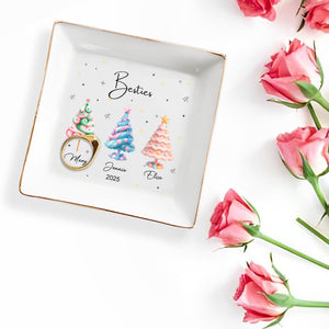 Besties With Colorful Christmas Trees - Personalized Custom Jewelry Dish, Square Ceramic Dish - BST397_SCRD