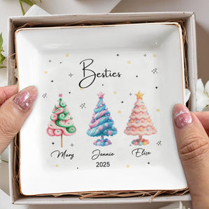 Besties With Colorful Christmas Trees - Personalized Custom Jewelry Dish, Square Ceramic Dish - BST397_SCRD