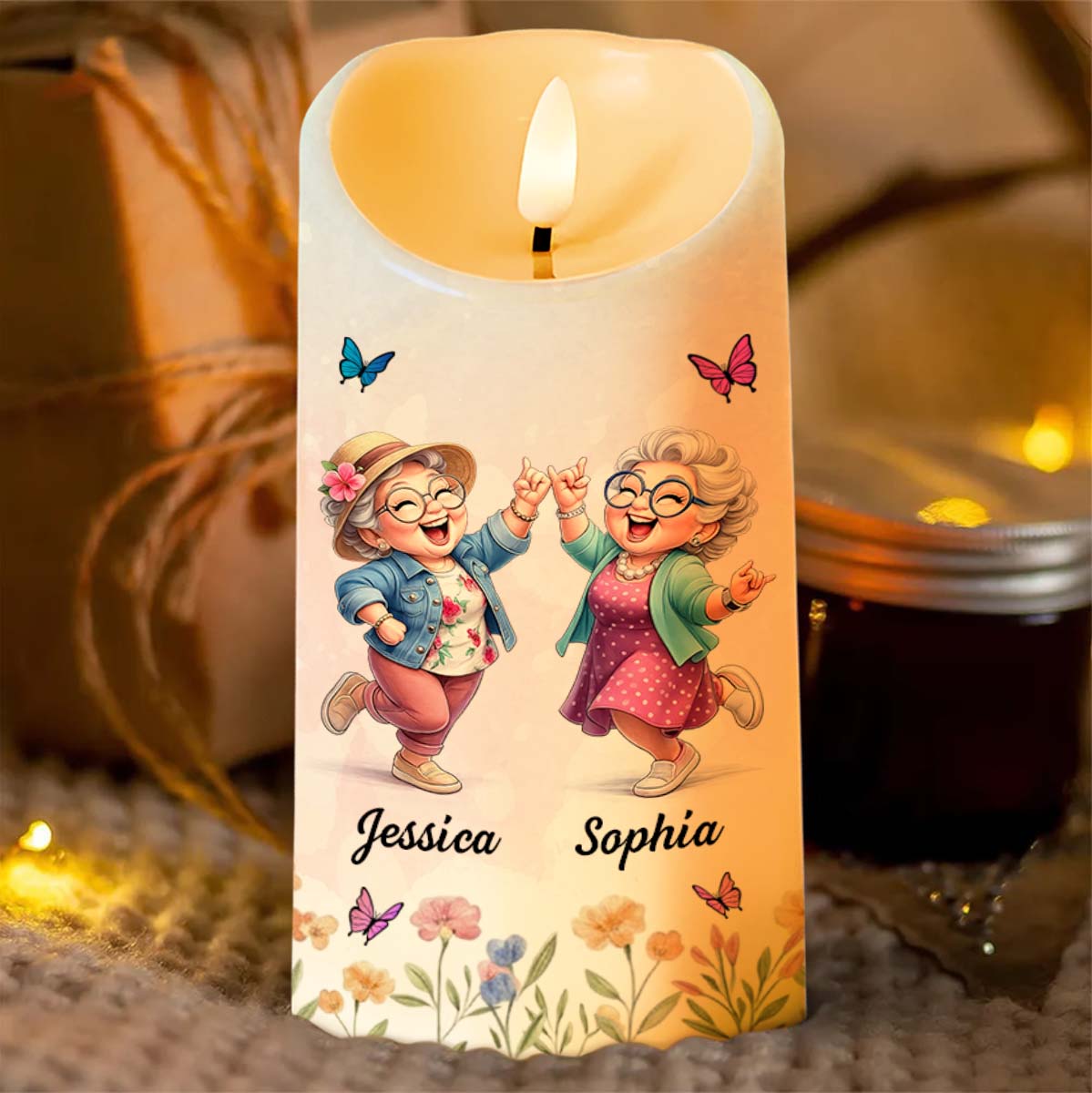 To My Old Friend Thank You For Being My Unbiological Sister With Flowers And Butterflies - Personalized Custom LED Candle - BST476_LECA