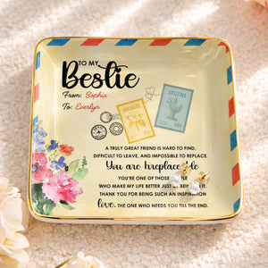 To My Bestie, A Truly Great Friend, Flowers Postage Stamps - Personalized Custom Jewelry Dish, Ceramic Dish, Square Shape - BST500_SCRF