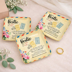 To My Bestie, A Truly Great Friend, Flowers Postage Stamps - Personalized Custom Jewelry Dish, Ceramic Dish, Square Shape - BST500_SCRF