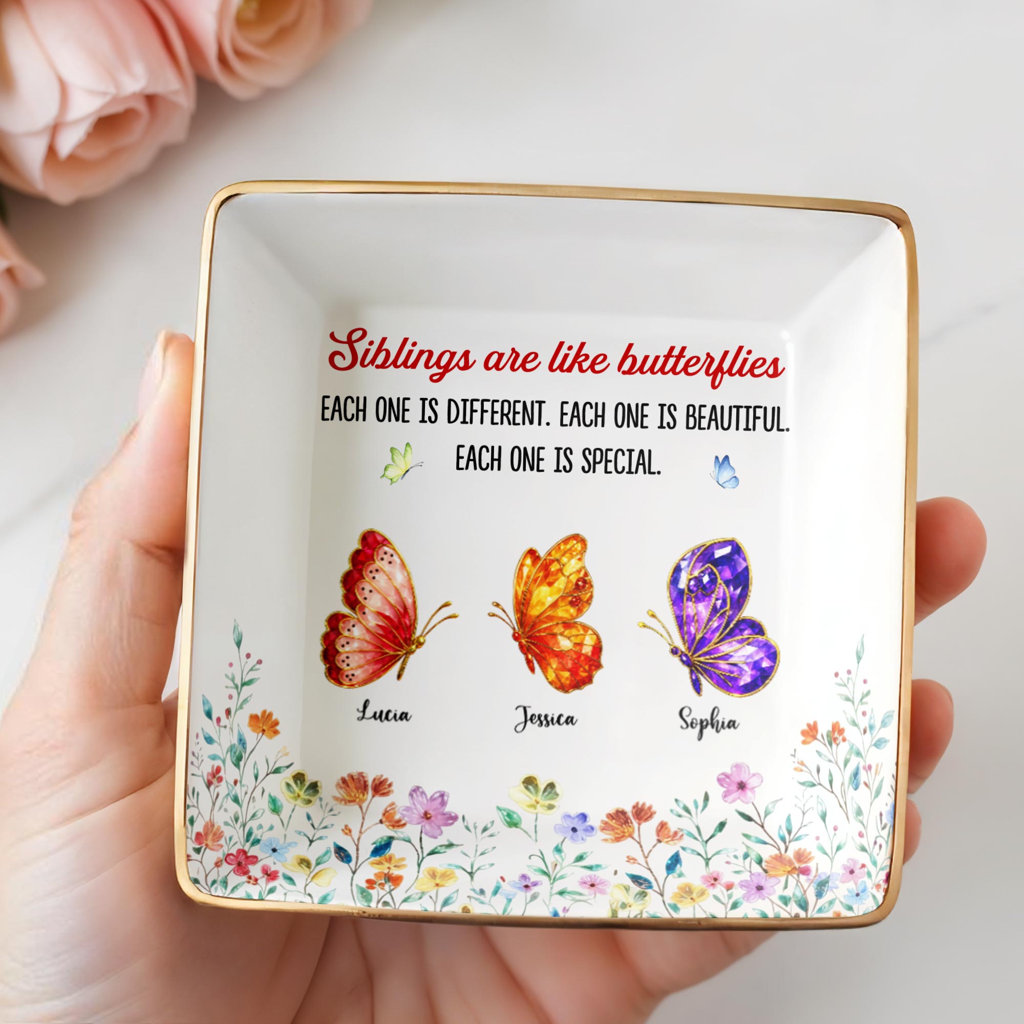Siblings Are Like Butterflies Beautiful And Special Colorful Butterfly Floral - Personalized Custom Jewelry Dish, Ceramic Dish, Square Shape - BST534_SCRF