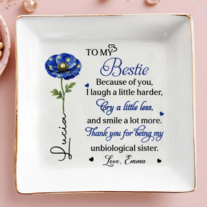 To My Bestie Unbiological Sister Birth Month Flower Jewelry Holder - Personalized Custom Jewelry Dish, Square Ceramic Dish - BST569_SCRD