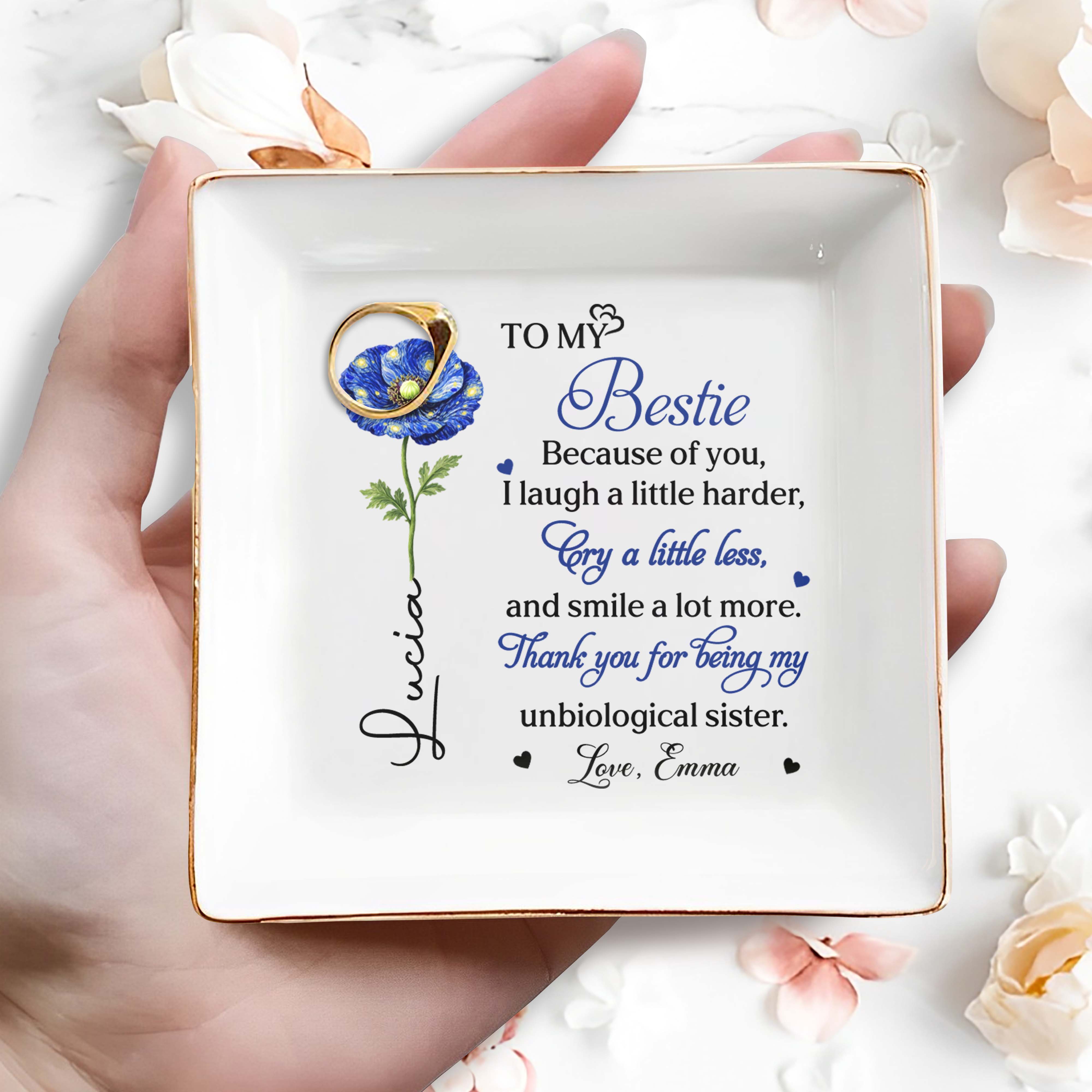 To My Bestie Unbiological Sister Birth Month Flower Jewelry Holder - Personalized Custom Jewelry Dish, Square Ceramic Dish - BST569_SCRD