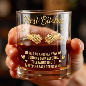 Best B*tches Bonding Over Alcohol Holding Hands And Hearts - Personalized Custom Whiskey Glass - BST659_RWG