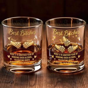 Best B*tches Bonding Over Alcohol Holding Hands And Hearts - Personalized Custom Whiskey Glass - BST659_RWG