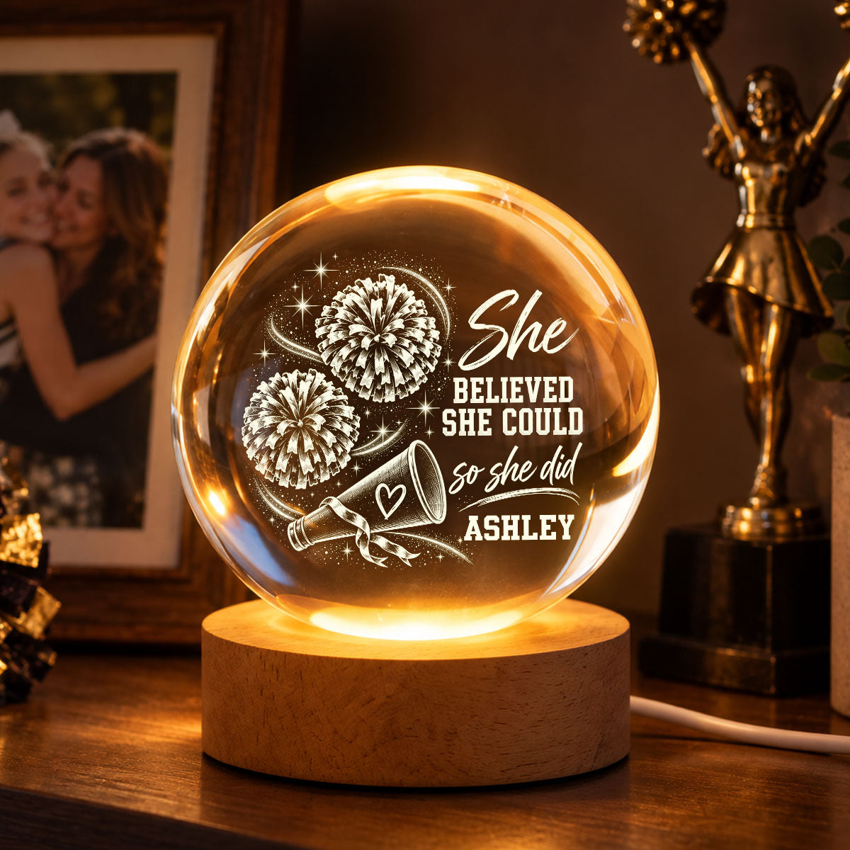 Beautiful Proud Cheerleader Custom Name - Personalized Crystal Ball LED Night Light