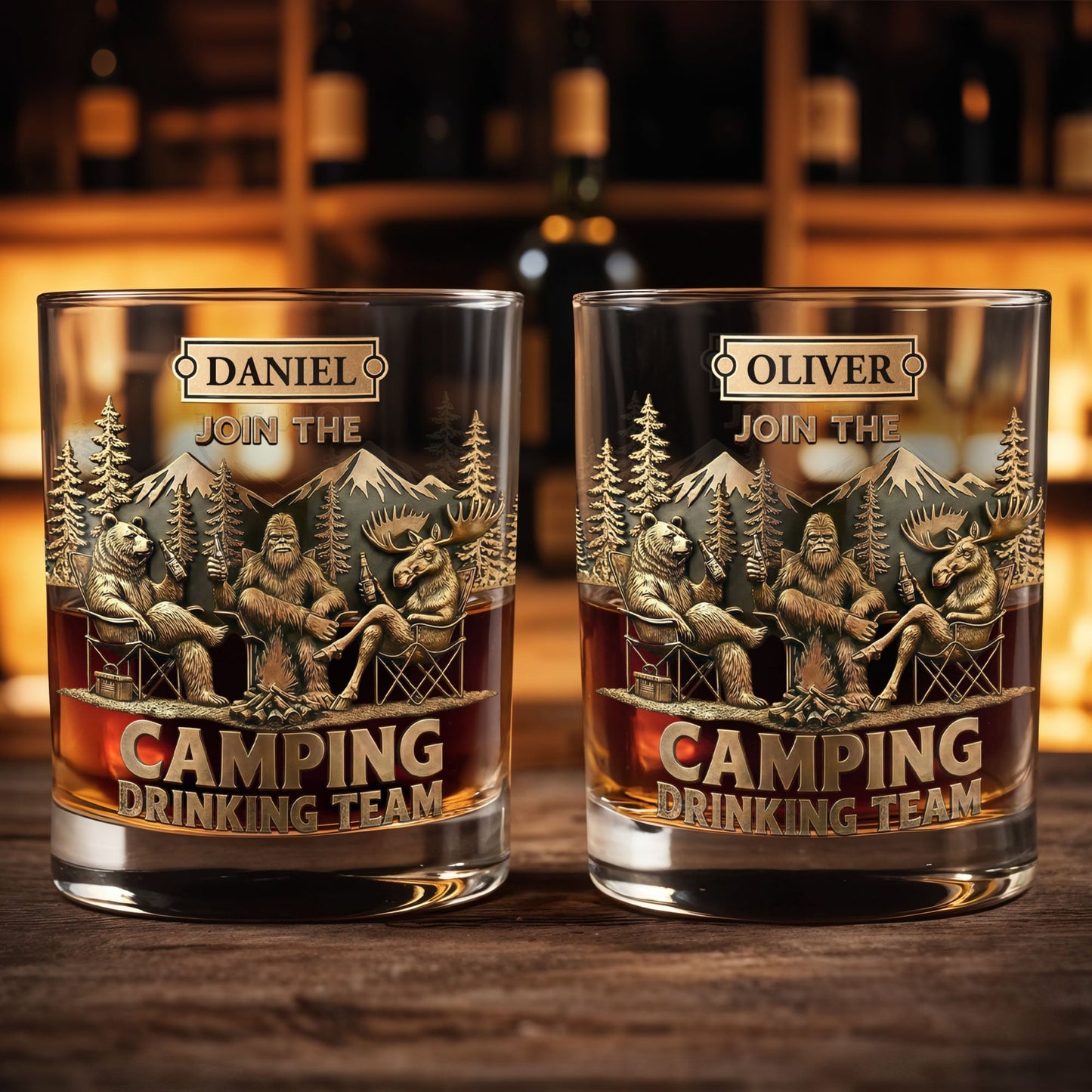 Join The Camping Drinking Team, Bigfoot and Bear Design - Personalized Custom Whiskey Glass - CAMP010_RWG