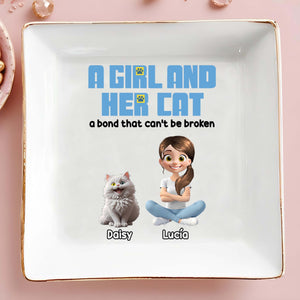 A Girl And Her Cat, A Bond That Can't Be Broken - Personalized Custom Jewelry Dish, Square Ceramic Dish - CAT016_SCRD