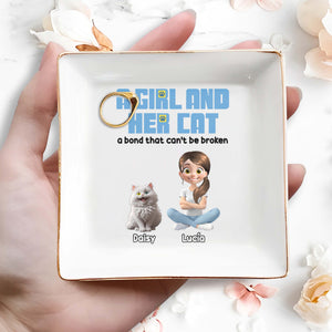 A Girl And Her Cat, A Bond That Can't Be Broken - Personalized Custom Jewelry Dish, Square Ceramic Dish - CAT016_SCRD