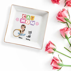 Cat Mom With Girl And Paw Prints - Personalized Custom Jewelry Dish, Square Ceramic Dish - CAT018_SCRD