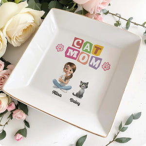 Cat Mom With Girl And Paw Prints - Personalized Custom Jewelry Dish, Square Ceramic Dish - CAT018_SCRD
