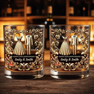 Celebrate Special Milestone, Wedding Dress And Suit - Personalized Custom Whiskey Glass - CPL1099_RWG