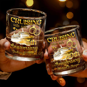 Cruising Into Our Anniversary With Cruise Ship And Wedding Rings - Personalized Custom Whiskey Glass - CPL1283_RWG