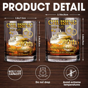 Cruising Into Our Anniversary With Cruise Ship And Wedding Rings - Personalized Custom Whiskey Glass - CPL1283_RWG